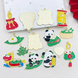 Dragon Boat Festival enamel charms with panda zongzi and lucky pouch designs for jewelry