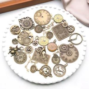 Detailed macro shot of vintage steampunk bronze gear and clock charms for DIY crafts
