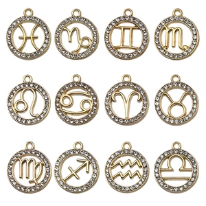 Lot de 12 pendentifs zodiaque en alliage doré avec strass blancs et symboles constellation