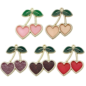 Five assorted heart-shaped cherry alloy charms with green leaves for DIY jewelry making
