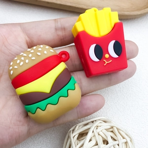Detail of cute silicone hamburger and french fries charms with cartoon faces