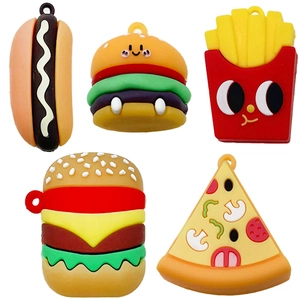 Five assorted creative PVC food charms featuring hamburger hotdog pizza and french fries