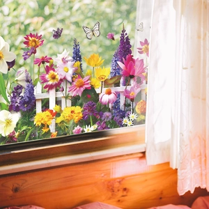 Colorful floral and butterfly glass window decals with white fence garden design