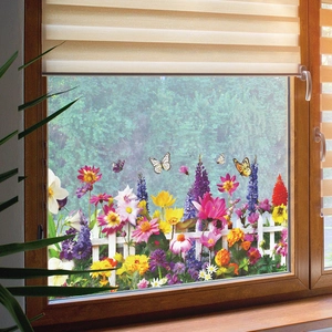 Garden window sticker featuring sunflowers, butterflies and a white fence decoration
