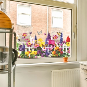 Colorful floral window stickers with white picket fence and butterflies for home decoration