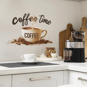 Coffee Time wall decal with coffee cup and beans in a modern kitchen setting