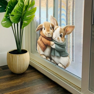Cute hugging rabbits wall sticker in knitted sweaters for cozy home bedroom decor