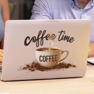 Coffee Time wall and laptop decal featuring coffee cup and beans in brown tones