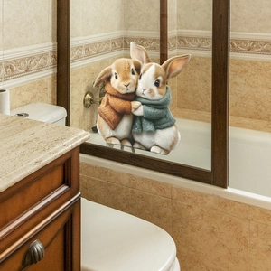 3D cute hugging rabbits wall sticker in bedroom bathroom glass decor with warm tones