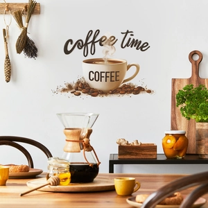 Self-adhesive Coffee Time wall decal sticker with latte cup and coffee beans for kitchen decor