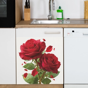Romantic deep red rose wall stickers on a modern white kitchen cabinet panel