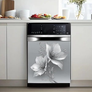 3D floral wall sticker with silver flowers and pearls for dishwasher and cabinet decor