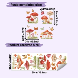 Detail showing dimensions of mushroom and butterfly wall stickers for home decoration