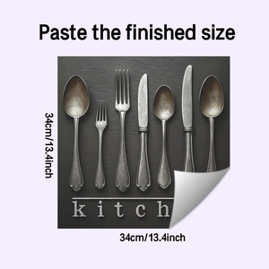 Detailed view of kitchen wall sticker with vintage cutlery design and 34cm size display