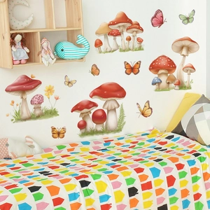 Mushroom and butterfly wall decals for nursery decor with watercolor design