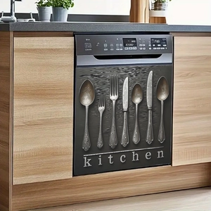 Black kitchen appliance sticker featuring silver cutlery design and kitchen lettering