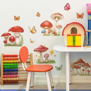 Colorful mushroom and butterfly wall decals for home decor in a cozy children's room setting