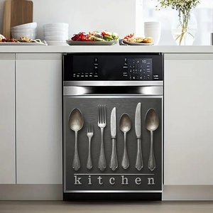 Dark gray brushed metal kitchen dishwasher magnet sticker with cutlery silhouette design