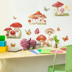 Hand-painted mushroom and butterfly wall decals for nursery decor and floral wall art