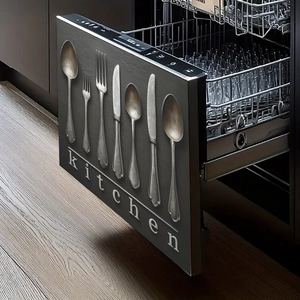 Magnetic dishwasher cover with brushed metal texture and vintage kitchen utensil design