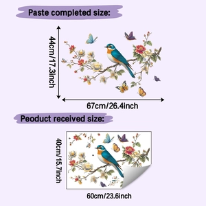 Floral wall decal detail showing layout size of birds and butterflies for home decor