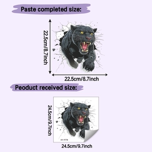 Detailed size chart for 3D fierce black panther wall sticker showing sheet and final dimensions