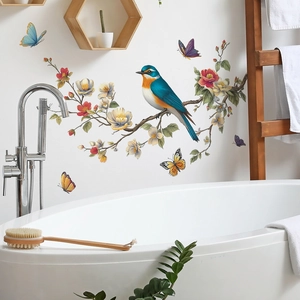 Self-adhesive wall decal featuring birds and floral branches for home decor