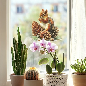 Cute squirrel and pinecone wall sticker for home decor on a bright window with plants