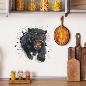 3D wall sticker featuring a fierce black panther breaking through a realistic stone wall