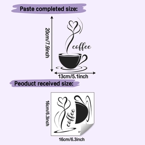 Size comparison of coffee cup wall stickers showing received and finished display dimensions