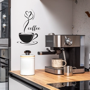 Minimalist black coffee wall sticker with heart steam and cup on a modern kitchen wall