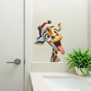Funny cartoon giraffe wall sticker with Christmas hat for home bedroom decor