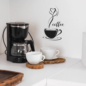 Minimalist black coffee cup wall sticker with heart steam for home and kitchen decor