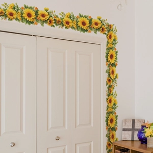 Romantic sunflower wall sticker with green leaves for home wardrobe and door decor