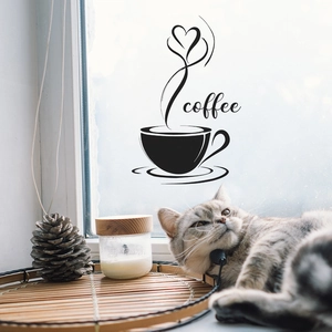 Minimalist vinyl coffee wall sticker with cup and heart design on a window glass surface