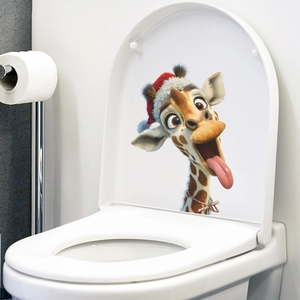 Funny 3D Christmas giraffe wall sticker for toilet seat decor with red holiday hat