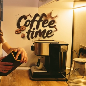 Creative Coffee Time wall sticker with coffee beans for kitchen decor in modern black ink style