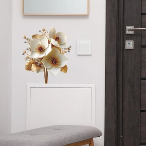 3D white and gold flower wall sticker set with pearls for home decoration display