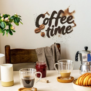Artistic Coffee Time wall decal with coffee beans and splash effect for kitchen decor