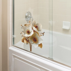 Self-adhesive 3D white magnolia floral wall stickers with golden leaves for bathroom decor
