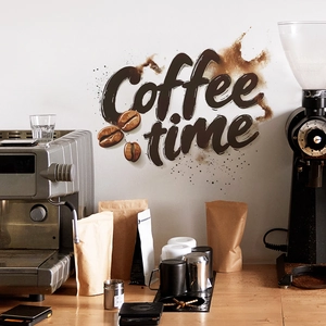 Coffee time wall sticker with artistic lettering and beans for home kitchen decor