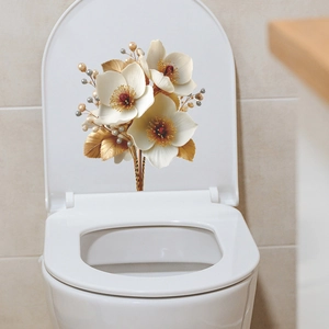 3D realistic floral wall sticker with white petals and gold leaves for home bathroom decor