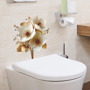3D floral wall stickers for bathroom featuring white flowers with gold leaf accents