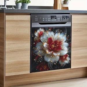 3D floral magnetic sticker for dishwasher with white and gold flower design