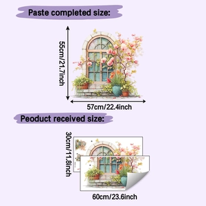 Detail view of 3D window wall sticker with watercolor potted plants and pink roses
