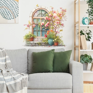 Self-adhesive false window wall sticker with watercolor pink flowers and green potted plants