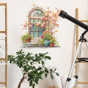 3D arch window wall sticker with pink flowers and potted plants for home decor