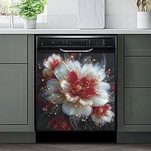 3D metallic floral dishwasher cover with red and white petals and gold bead accents