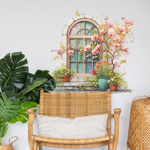 3D European False Window Wall Sticker Pink Flower Potted Plant Watercolor PVC Self-Adhesive Mural For Living Room Bedroom Decor
