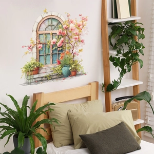 Faux window wall sticker with watercolor floral potted plants for bedroom decor
